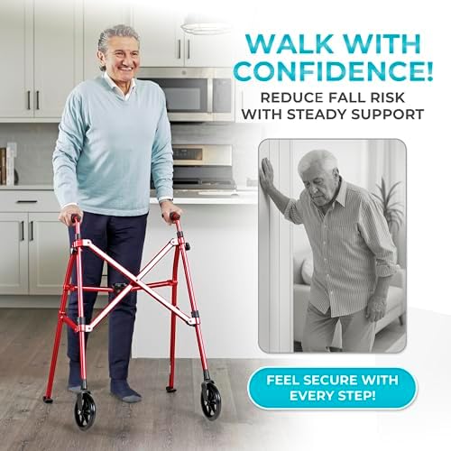 Stander Space Saver Walker, Lightweight Folding Rolling Mobility Aid for Seniors & Adults, Compact 2-Wheel Disability Device with 6-inch Wheels & Ski Glides for Walking Support, Sport Red
