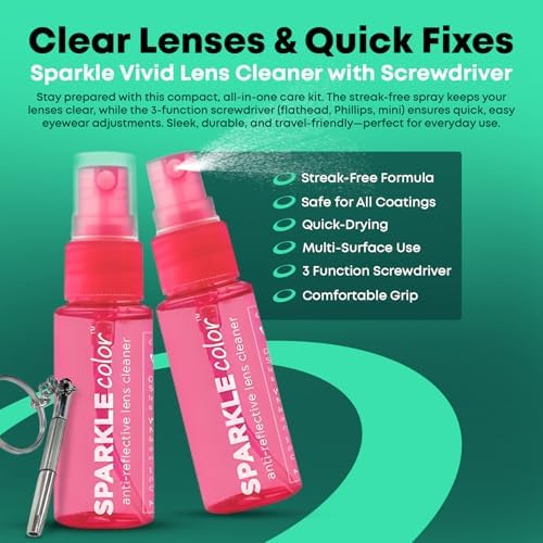 Sparkle Anti-Reflective Safe Lens Cleaner & Repair Kit – (2) 1oz Glasses Cleaner Spray, (2) Microfiber Cloth & Keychain Screwdriver for Eyeglasses, Sunglasses, Lenses & Screens (5 Piece Set)