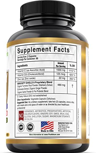 9-in-1 Immune Support Vitamin C (1000mg), Vitamin D3 (5000 IU), Zinc(22mg) with Elderberry, Turmeric, Echinacea, Ginger, Garlic and Pre+Pro-Biotic per Serving (120 caps per Bottle - 2 Month Supply)