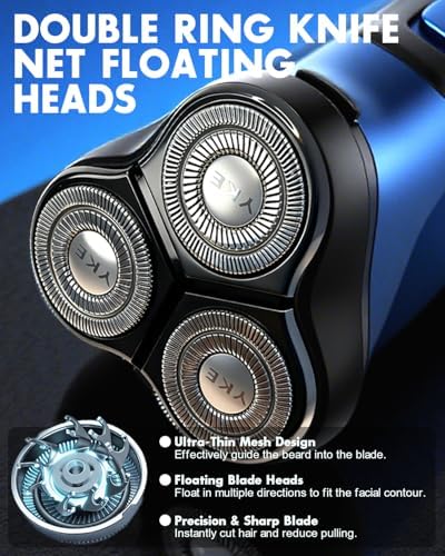 Electric Razor for Men with Pop-up Trimmer, 3D Floating Cordless Electric Shaver, Rechargeable Cordless Shavers for Men, Type-C, Long Runtime, Plug & Play, Blue