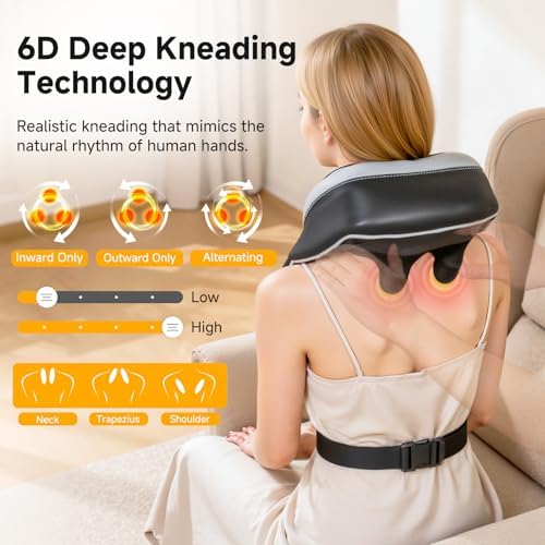 6D Neck Massager for Pain Relief Deep Tissue, Kneading Shiatsu Neck and Shoulder Massager with Heat,Cordless Massager for Back and Shoulder Pain, for Women Men Home Office Christmas