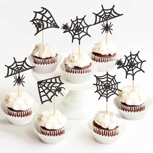 25Pcs Glitter Black Spider Webs Cupcake Toppers Halloween Spiders Cupcake Picks for Spider Web Baby Shower Boys Girls Sipderman Theme Birthday Cupcake Decorations Halloween Party Decorations