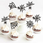 25Pcs Glitter Black Spider Webs Cupcake Toppers Halloween Spiders Cupcake Picks for Spider Web Baby Shower Boys Girls Sipderman Theme Birthday Cupcake Decorations Halloween Party Decorations