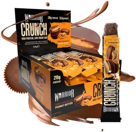 Warrior HIGH PROTEIN BARS (20g Protein each) - Low Carb, Low Sugar - Pack of 12 Caramel Crispy Crunch Bars - Dark Chocolate & Peanut Butter