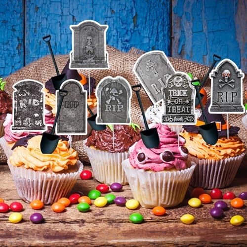 Halloween Cupcake Toppers, 48 PCS Tombstones Graveyard Cupcake Toppers with Mini Shovel Spoons for Halloween Party Decorations, Horror Birthday Decorations, Nightmare Before Christmas Cake Topper