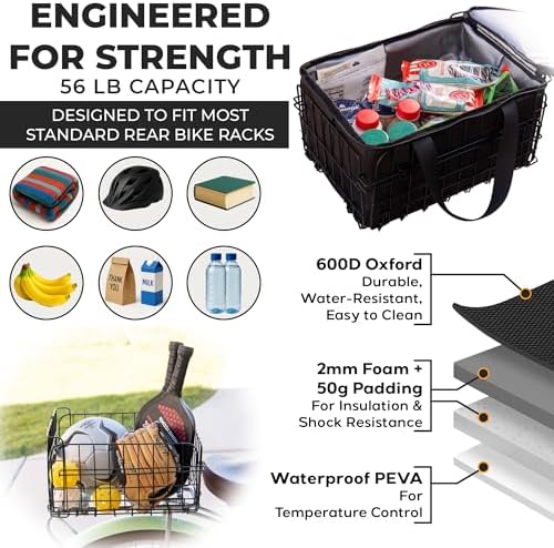 Bike Basket with Removable Insulated Cooler Bag, Foldable Weatherproof Steel Wire Rack