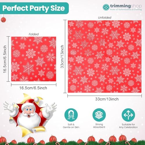 Christmas Party Disposable Paper Napkins 2 Ply Napkins Holiday 33cm x 33cm Cocktail Napkins Serviette for New Year Winter Dinner Party Supplies Decoration, Printed Snowflakes - Red, 60pcs