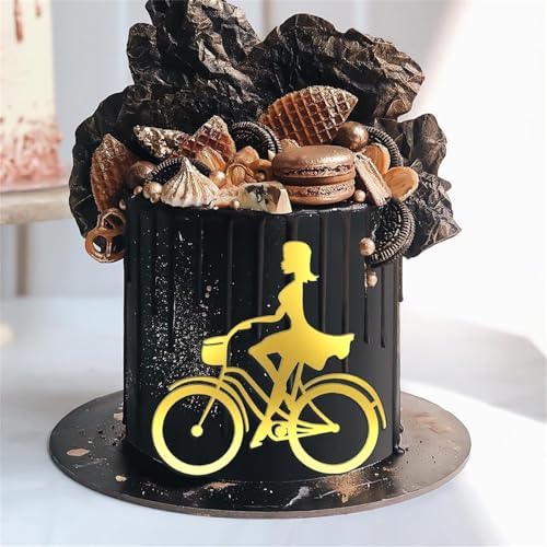 Acrylic Bicycle Girl Cake Topper Princess Cake Topper Golden Happy Birthday Cake Toppers Decorations Girl or Woman Birthday Baby Shower Engagement Wedding Party Decorations Supplies