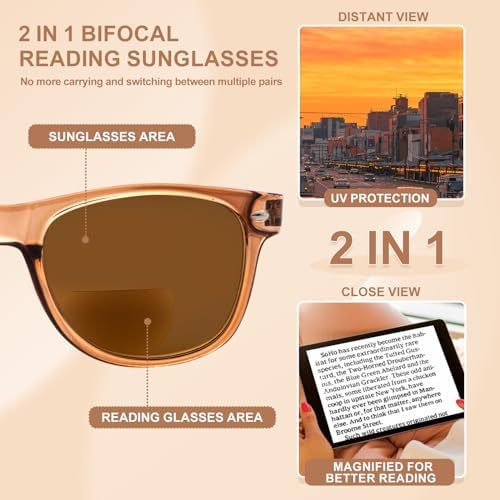 2 Pack Invisible Bifocal Reading Sunglasses Outdoor Sun Reader Glasses UV400 Protection for Women Men Adult