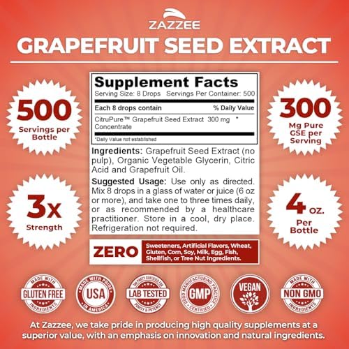 Zazzee GSE, 3X Triple Strength, 4 Ounces, 500 Servings, 300 mg per Serving, Premium Liquid Grapefruit Seed Extract Concentrate with Bioflavonoids, Vegan, Gluten Free, All-Natural, Made in The USA