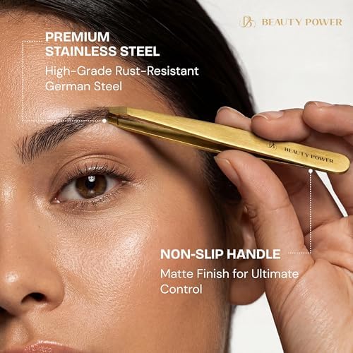 Beauty Power Professional Tweezers in Case - Slant, Durable Lightweight German Stainless Steel, Ultra Precision Tweezers for Eyebrows, Facial Hair, Chin, and Ingrown Hair Removal - Gift Idea - Gold