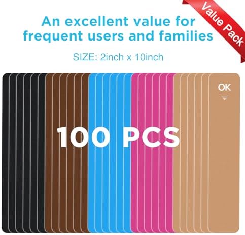 OK TAPE 100Pcs Precut Kinesiology Tape Strips, Elastic Athletic Tape for Joints Support & Muscle Pain Relief, Waterproof, Kinetic Tape for Shoulder, Knee, Ankle (5 Colors, 2 inch x 10 inch)