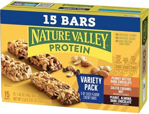Nature Valley Protein Bars Variety Pack, Gluten Free Chewy Granola Snack Bars, 10g Protein, Peanut Butter Dark Chocolate, Salted Caramel Nut, Peanut Almond Dark Chocolate, 15 Count, 21.3 oz Box