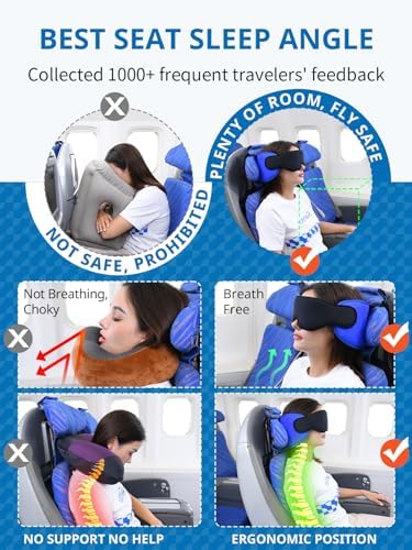 Travel Pillows for Airplanes, 360° Support Headrest Pillow with Eye Mask for Sleeping, Travel Airplane Pillow for Long Flights Car Road Trip, Travel Accessories Stop Bobblehead, Black
