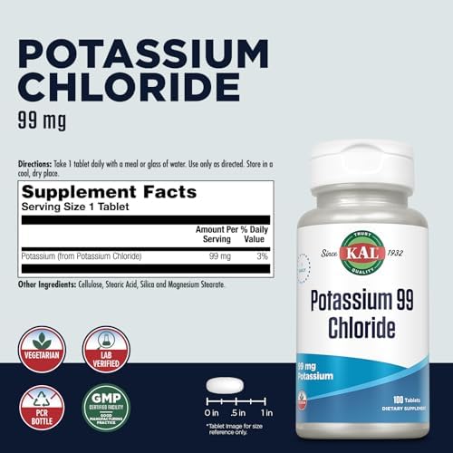 KAL Potassium 99 Chloride - 99 mg Potassium Chloride Supplement Pills, Electrolytes Tablets for Overall Health for Women and Men - 100 Tablets