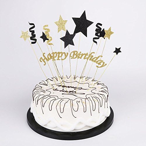 Handmade Black and Glod Glitter Pentacle Pentacle Cake Toppers Happy Birthday Cake Bunting Topper Paper, Birthday Party Decoration