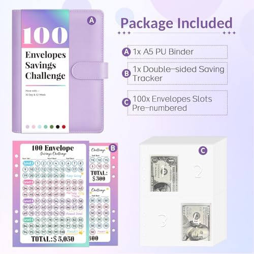 Sooez 100 Envelopes Money Saving Challenge, Savings Challenges Book with Envelopes & Challenge Tracker, Motivational Process to Save $5050, Money Saving Binder 100 Pocket Pre-Numbered, Birthday Gifts