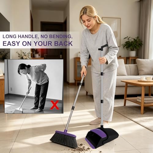 Broom and Dustpan Set, Upright Purple Broom with Dustpan Combo Set 51" Long Handle, Self Cleaning Dust Pan for Home, Kitchen and Office