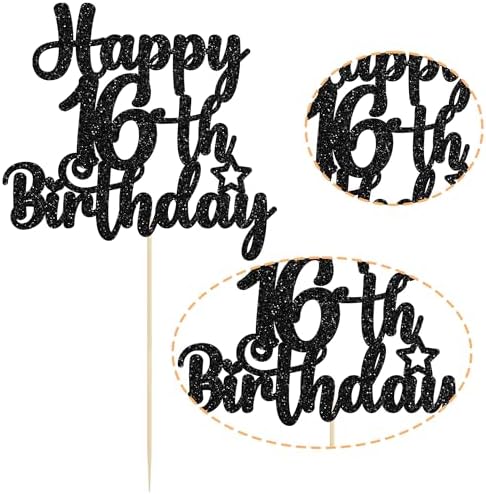 Gyufise 1Pc Happy 16th Birthday Cake Topper Black Glitter 16 & Fabulous Sweet 16 Birthday Cake Pick for Celebrating 16th Birthday Anniversary Party Cake Decorations Supplies