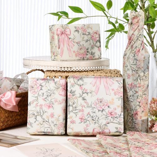 100 Sheets Pink Bow and Flower Tissue Paper, Coquette Vintage Floral Pink Bows Gift Wrapping Paper for Valentine Girly Birthday Wedding Baby Shower Holiday Party Supplies, 13.8 x 19.7 Inch