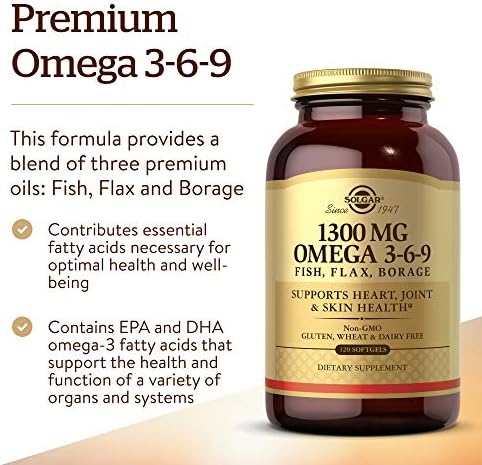 Solgar 1300 mg Omega 3-6-9, 120 Softgels - Fish Oil Supplement - Support for Joint & Skin Health - Includes Flaxseed & Borage - Contains EPA & DHA Omega 3 Fatty Acids - 40 Servings