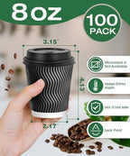 100 Pack 8 oz Disposable Coffee Cups with Lids, To Go Insulated Thick Coffee Cups for Hot/Cold Beverage, Corrugated Ripple Wall Cups for Espresso Coffee, Hot Chocolate and Cocoa - Black