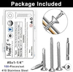100Pcs Torx Drive High-Strength Quick Tapping Screws for Metal, #8 x 1-1/4" Flat Countersunk Head Self Drilling Screws, 410 Stainless Steel Sheet Metal TEK Screws Assortment with 1 Pcs T20 Bits