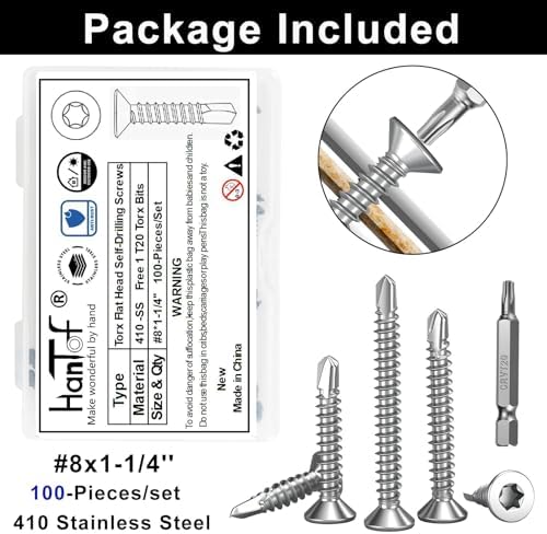 100Pcs Torx Drive High-Strength Quick Tapping Screws for Metal, #8 x 1-1/4" Flat Countersunk Head Self Drilling Screws, 410 Stainless Steel Sheet Metal TEK Screws Assortment with 1 Pcs T20 Bits