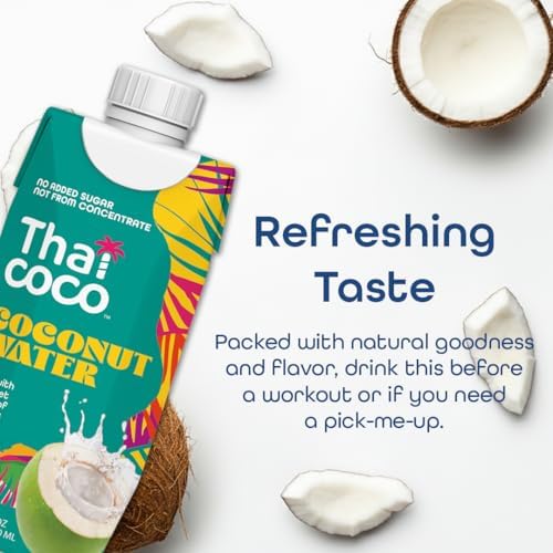 Thai Coco Organic Coconut Water, 100% Pure & Unsweetened, No Sugar Added, USDA Organic, Natural Electrolytes Hydration Drink, 11.2 fl oz Tetra Carton (Pack of 12)