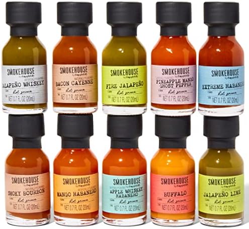 Smokehouse by Thoughtfully, Gourmet Hot Sauce Gift Set, Flavors Include Mango Habanero, Buffalo, Bacon Cayenne, Smoky Bourbon, Fire Jalapeño and More, Hot Sauce Variety Pack, Set of 10