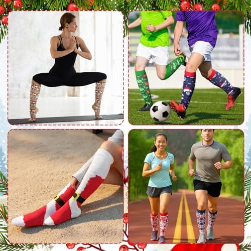 Suhine 6 Pairs Christmas Compression Sock Gift Bulk Calf Knee High Sock Long Stocking for Xmas Women Men Nurses