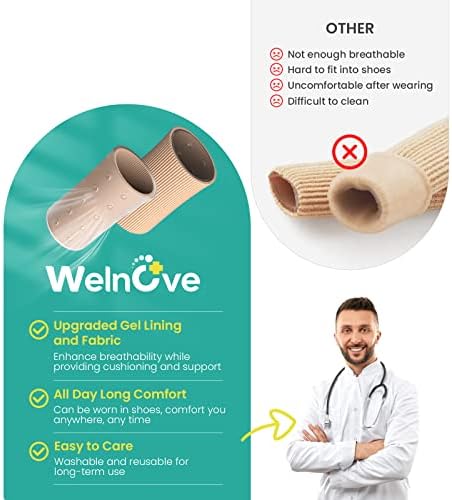 Welnove Toe Tubes Sleeves Protectors - 6 Pack Toe Cushions for Pain Relief - Fabric & Breathable Gel Lining Toe Protectors for Corns, Calluses, Blisters (Medium Size)