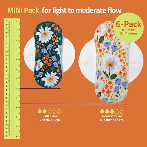 Organic Cotton Reusable Menstrual Pads for Light Flow (6 Pack S+M) - Leak Proof & Odor Free Cloth Pads for Women & Teens - High Temp Washable, Breathable, Soft & Skin-Safe for All Day Period Comfort
