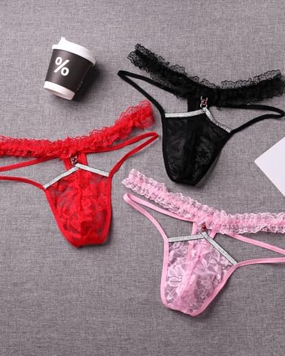 Mens Lace Frilly Sissy Panties Pouch Thong, Feminine G string Underwear For Men Sexy Lingerie