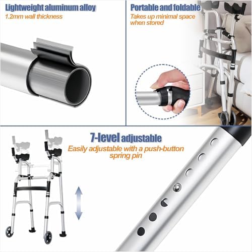 Folding Walker with Armrest Pad - Upright Walker for Seniors, Standing Mobility Aid for Indoor & Outdoor, 300lb Weight Capacity, Height Adjustable (Silvery)