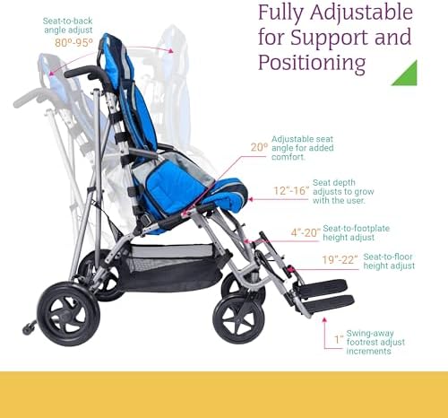 Strive Adaptive Special Needs Wheelchair – 16” Wide Blue, Lightweight, Fully Adjustable for Support & Positioning, Supports 170 lbs, Folding Wheelchair