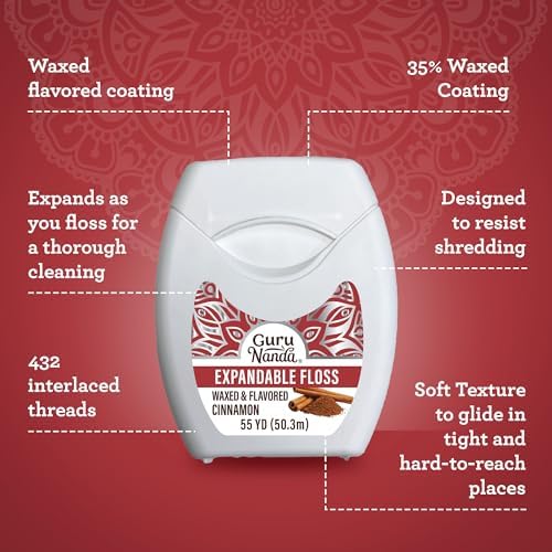 GuruNanda Expandable Waxed Dental Floss for Gentle, Deep Cleaning Wide Teeth Flossing - Cinnamon Flavor - 55 Yards