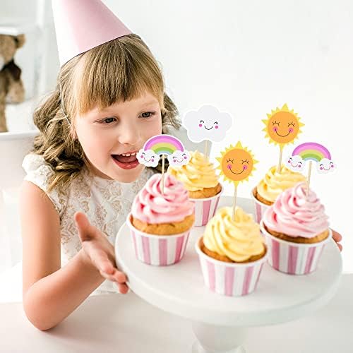 Sun Rainbow Cloud Cupcake Toppers, 36Pcs Sun Smiley Sunshine Theme Cake Decoration for Birthday Baby Shower Theme Party Decorations…