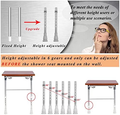 Folding Shower Seat Wall Mounted with Legs, Foldable Shower Chair for Inside Shower, Fold Down Shower Bench for Seniors (Wood, Height Adjustable)
