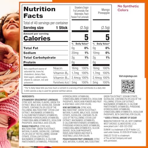 Dunkin’ Zero Sugar Refreshers Singles To Go! Powdered drink mix packets, 40 Ct Variety Pack, 40 Single serve Packets per Box (40 servings), Energy from Green Tea, aspartame-free, no synthetic colors, naturally and artificially flavored, just add water