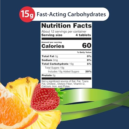 TRUEplus Glucose Tablets, Chewable, Tropical Fruit Flavor, 15g Fast-Acting Carbohydrates, Fat Free, Gluten Free, Boost Energy, 50 Count, 6 Bottles