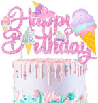 Ice Cream Happy Birthday Cake Topper - Pink Glitter Themed Party Decorations for Kids, Boys, Girls - Summer Party Supplies and Favors