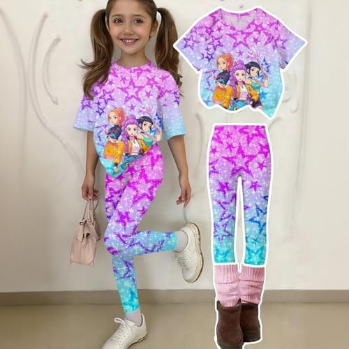 K Pop Outfits Sets for Girls Cute Hunters Print Short Sleeve T-Shirt and Pants Trendy Demon Movie Star Tracksuits