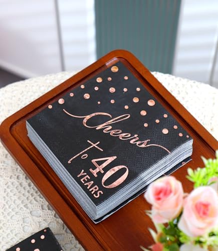 Rose Gold Cheers to 40th Cocktail Napkins Folded 5 x 5 Inches Disposable Party Napkins 3-Ply Paper Beverage Napkins for 40th Birthday Decorations, Wedding Anniversary, Retirement, Black (40 Years)