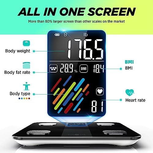 RunStar Smart Scale for Body Weight and Fat Percentage, High Accuracy Digital Bathroom Scale with Large Display for BMI Heart Rate 22 Body Composition Analyzer Sync with Fitness App 400lb
