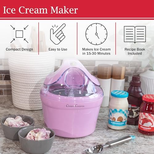 Ice Cream Maker - 1QT Ice Cream Machine for Sorbet, Gelato, Frozen Yogurt and More - Kitchen Appliances and Gadgets by Classic Cuisine (Pink)