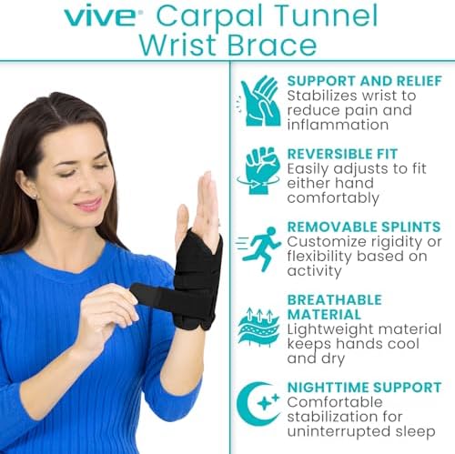 Vive Carpal Tunnel Wrist Brace with Splint for Left or Right Hand - Adjustable Night Wrist Support Splint Immobilizer for Men & Women - Cockup Brace for Arthritis, Tendonitis, Sprain, Injuries & Pain