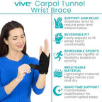 Vive Carpal Tunnel Wrist Brace with Splint for Left or Right Hand - Adjustable Night Wrist Support Splint Immobilizer for Men & Women - Cockup Brace for Arthritis, Tendonitis, Sprain, Injuries & Pain