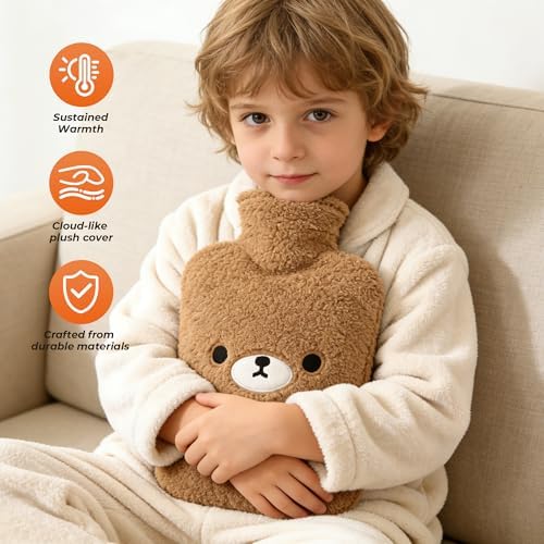 samply Hot Water Bottle with Cute Fleece Cover, Hot Water Bag for Hot and Cold Compress, Hand Feet Warmer, Neck and Shoulder Pain Relief, Brown Bear