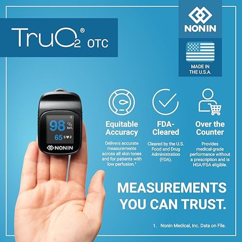 Nonin TruO2 OTC Pulse Oximeter 3250 – FDA-Cleared Blood Oxygen Monitor, Medical-Grade Accuracy, Fingertip Pulse Oximeter, Apple Health Compatible